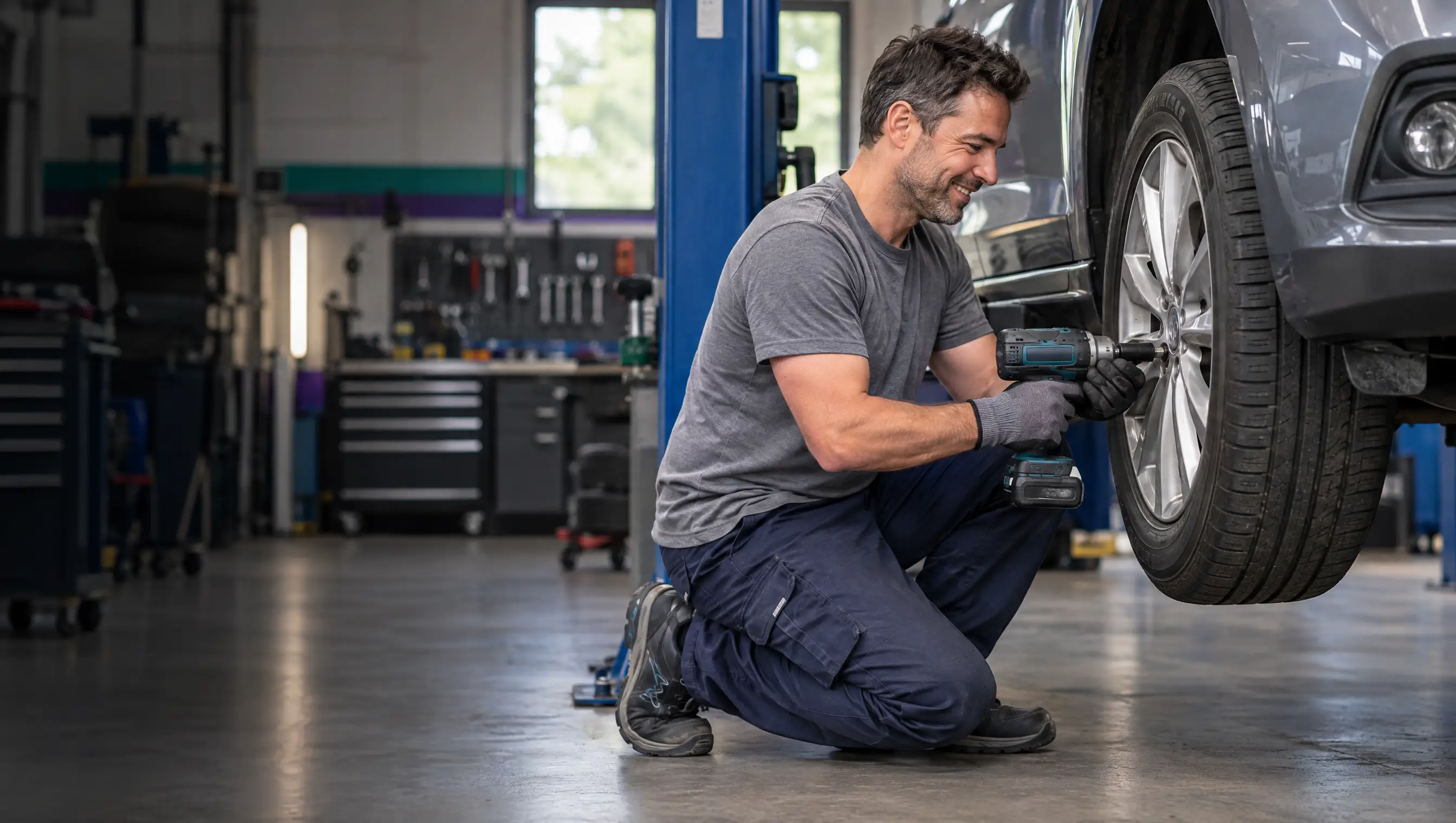 Ein lächelnder selbstständiger Automechaniker wechselt ein Rad in seiner Werkstatt.